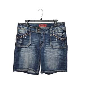 VNTG Y2K Zanadi Ramie Denim Jean Shorts Embellished Stretch Women's Sz 12/Large